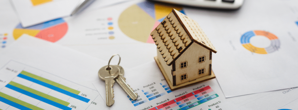 Printed real estate marketing design materials including postcards, flyers, and business cards