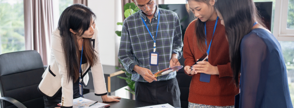 Small team reviewing project plans around a conference table, concept for a contractor website checklist.