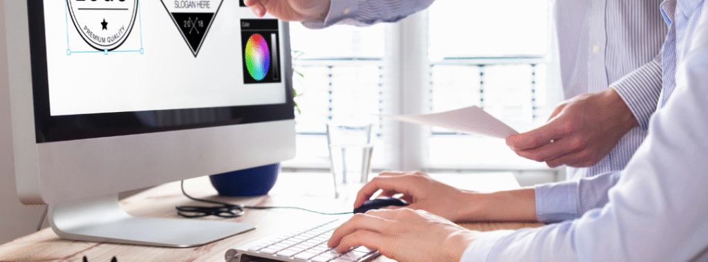 Designer reviewing logo files, color swatches, and typography updates, visual cue that it is time to rebrand.