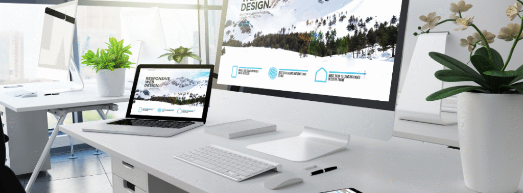 Two computer screens illustrating signs that it might be time for a website redesign.